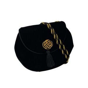 Vintage Black Velvet Clutch Bag Gold & Black Detailing and Corded Shoulder Strap